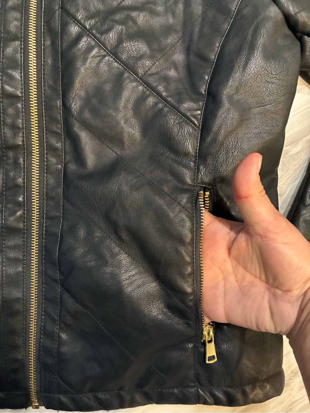 Black Faux Leather Zip Jacket with Gold Hardware - Picture 5 of 9